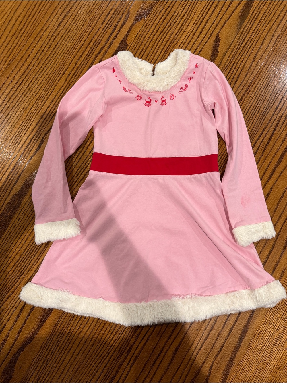 Hanna Andersson Pink Dress with Red Waistband and White Faux-Fur Trim